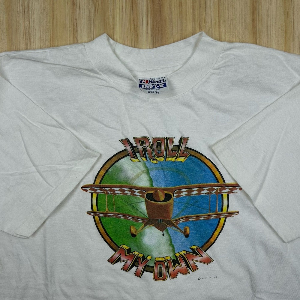 Vintage 80's Airplane I Roll My One White Size M Hanes T Shirt Short Sleeve
